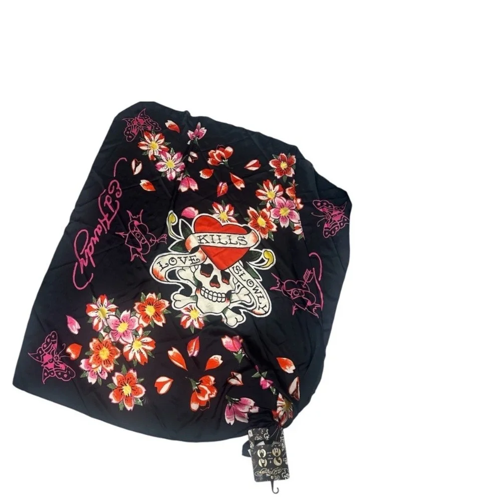 Ed‎ Hardy 4 ways to wear skull silky black red scarf 42 inches x 42 inches new